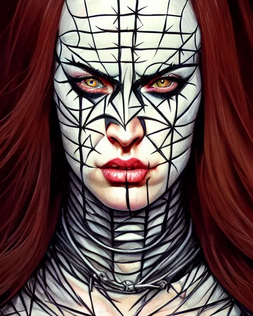 Image similar to portrait of megan fox as female pinhead, bald, hellraiser, xenobite, hell, intricate, headshot, highly detailed, digital painting, artstation, concept art, sharp focus, cinematic lighting, illustration, art by artgerm and greg rutkowski, alphonse mucha, cgsociety