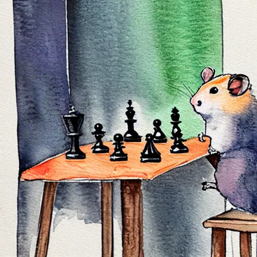 Prompt: a hamster playing chess, seen from the opponents view across the board, watercolour