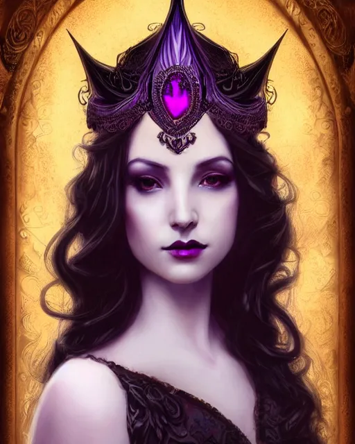 Prompt: a beautiful image of a young woman, Liliana Vess the last hope, dark enchantress, long flowing black hair, ornate headdress, Victorian purple and black elegant costume, young female face, cinematic top lighting, insanely detailed and intricate, face by wlop, Charlie Bowater, golden ratio, symmetric, elegant, ornate, luxury, elite, matte painting, cinematic, LIliana character from MTG, Magic the Gathering, trending on artstation, deviantart and cgsociety, 8k, high resolution