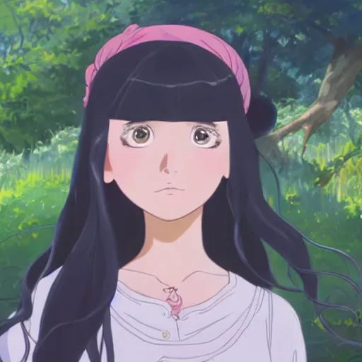 Prompt: Character portrait of a young beautiful woman with long black hair and bangs in a lush park, focus on facial features, large eyes, highly detailed, cel shading, Studio Ghibli still, by Makoto Shinkai and Akihiko Yoshida