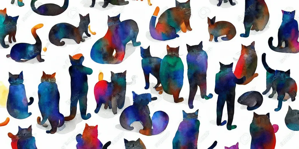 Image similar to watercolor illustration style, group of office workers cats in jackets select a different type of project before start design production, business, inspiring art