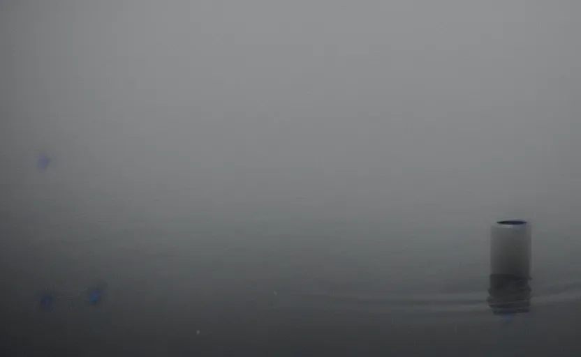 Prompt: extreme low angle camera lens partially submerged in water showing the surface of a lake, scene from a film directed by charlie kaufman ( 2 0 0 1 ), foggy volumetric light morning, extremely moody, cinematic shot on anamorphic lenses