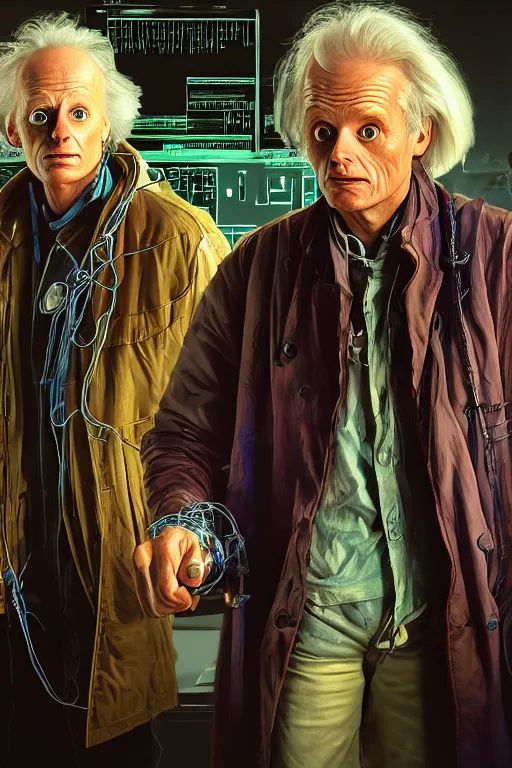 Prompt: hyperrealist portrait of marty mcfly and doc emmett brown, it is decorated with long wires and computer monitors in the cyberpunk office background. by jeremy mann and alphonse mucha, fantasy art, photo realistic, dynamic lighting, artstation, poster, volumetric lighting, very detailed faces, 8 k, award winning