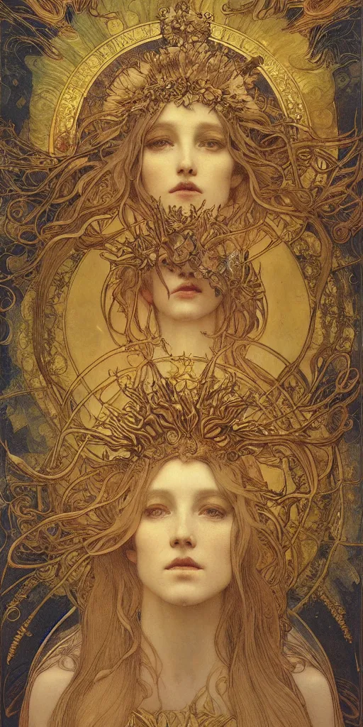 Image similar to portrait burning saint face, venus, athena, halo, by alphons mucha and annie swynnerton and jean delville, strong dramatic cinematic lighting, ornate headdress, flowing robes, spines, flowers, stars, lost civilizations, smooth, sharp focus, extremely detailed, marble, molten gold, space