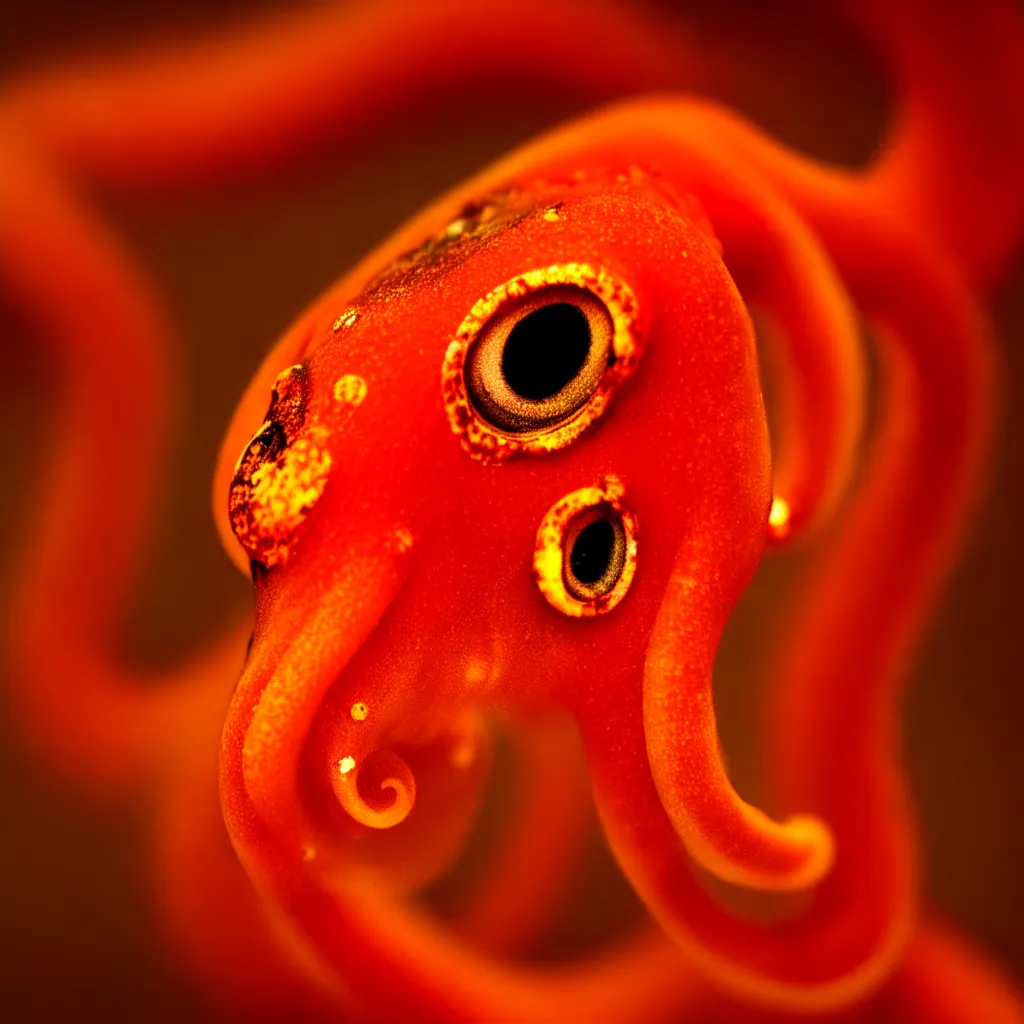 Image similar to fiery whimsical emotional eyes cephalopod, in a photorealistic macro photograph with shallow dof