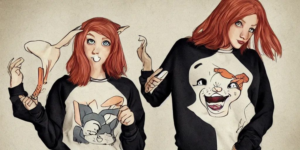 Image similar to women, ginger, cartoon, sweatshirt, concept art, concept art, bunny ears,