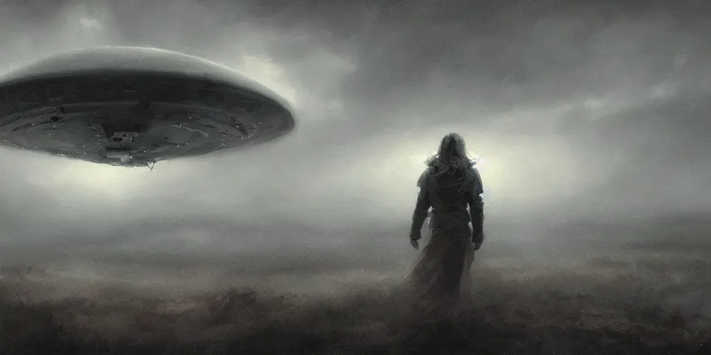 Image similar to epic cinematic concept art of an ufo during an giant, cloudy, foggy, storm, night setting. realistic shaded lighting poster by craig mullism, jeremy lipkin and michael garmash, radiant light, detailed and intricate environment, digital art, trending on art station, monochromatic noir