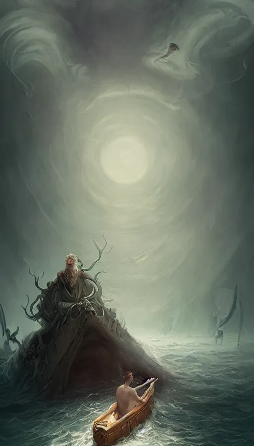 Image similar to man on boat crossing a body of water in hell with creatures in the water, sea of souls, by charlie bowater