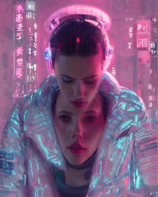 Image similar to detailed portrait Scarlett Johansson Neon Operator Girl, cyberpunk futuristic neon, reflective puffy coat, decorated with traditional Japanese ornaments by Ismail inceoglu dragan bibin hans thoma greg rutkowski Alexandros Pyromallis Nekro Rene Maritte Illustrated, Perfect face, fine details, realistic shaded, fine-face, pretty face