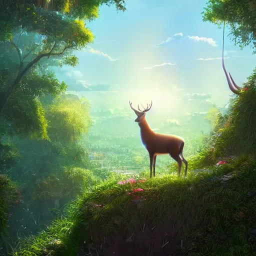 Prompt: highly detailed digital art of a magestic deer with big antlers standing on an overgrown rooftop looking into the lush solarpunk city below, sunshine, kimi no na wa, trending on artstation, tranquil, by ghibli