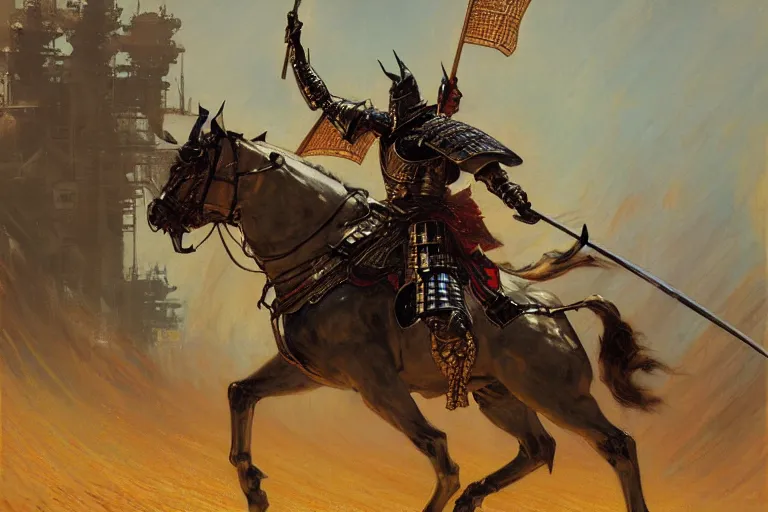 Prompt: armored samurai painting by gaston bussiere, craig mullins, j. c. leyendecker, tom of finland,