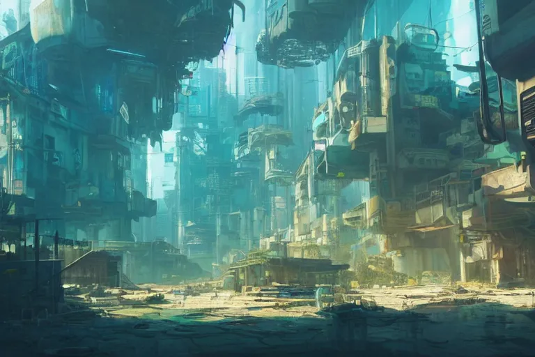 Prompt: a scenic view of an abandoned cyberpunk city under water, ray of sunlight, fish flocks, Greg Rutkowski, beeple, blue and gold color scheme, ultra wide angle, light effect