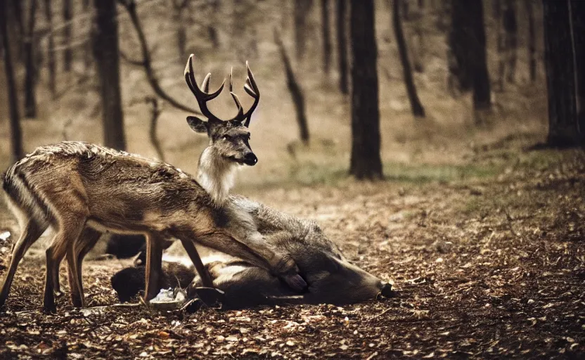 Image similar to A deer eating a dead wolf in the forest. Night time, dramatic, cinematic shot