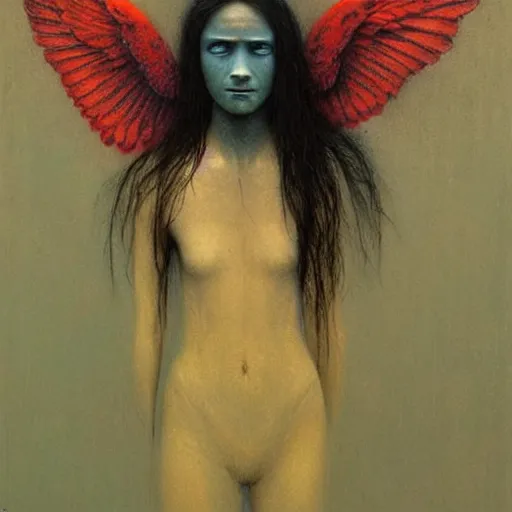 Prompt: young teen female who is half-crow. She has dark wings, painting by Beksinski