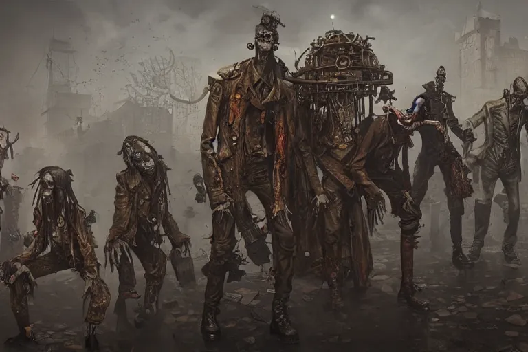 Prompt: steampunk zombies going crazy, 3d scene, render, ultra realistic, zenith view, Greg Rutkowski, artstation, cgsociety, level design, unreal engine, 3d scene, render, ultra realistic, zenith view, Enki Bilal style