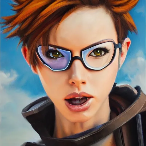 Prompt: oil painting of tracer overwatch in a field, in style of mark arian, expressive face, very detailed face, wearing large detailed black collar, very detailed eyes, full body, feminine face, detailed makeup on eyes,