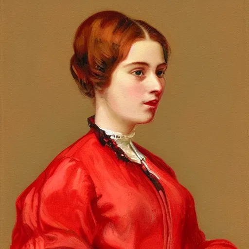Image similar to portrait of female in red victorian dress, painting