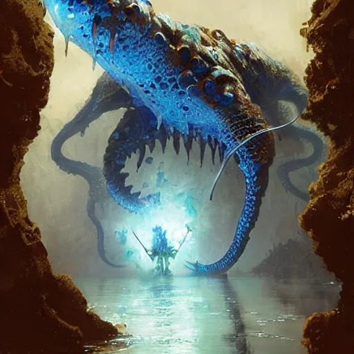 Image similar to blue crocodile squid hybrid, epic fantasy style art by Craig Mullins, fantasy epic digital art, epic fantasy card game art by Greg Rutkowski