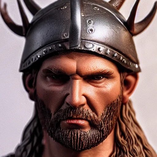 Image similar to of a 3d clay model of a viking from valhalla, wearing the horned helmet ultra fine detail, hair strands, ultra high resolution, fine texture detail, miniature painting techniques, perfect proportions, marvel cinematic universe, eric bana