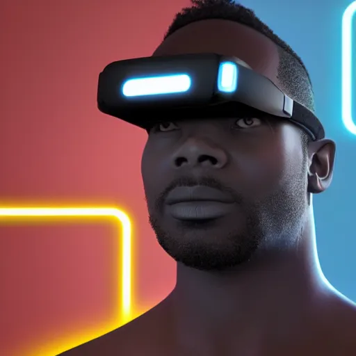 Image similar to dark skinned man wearing futuristic vr headset neon lights ambient light unity game ultra - realistic