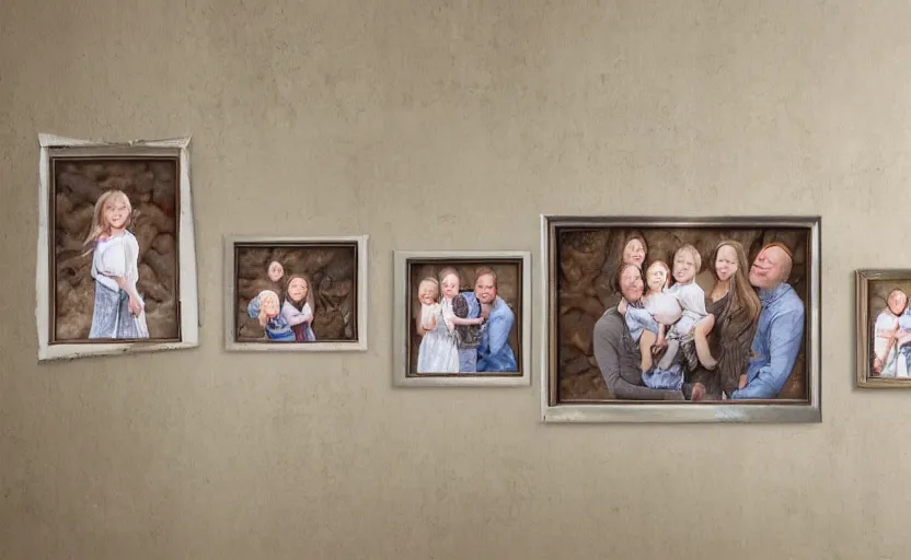 Prompt: storybook illustration of family photo portraits in picture frames on a wall, watercolor, sepia tints