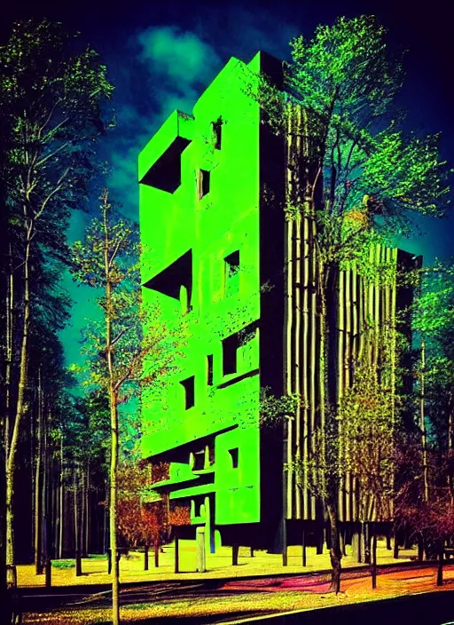 Image similar to “ brutalist architecture surrounded by a neon forest ”