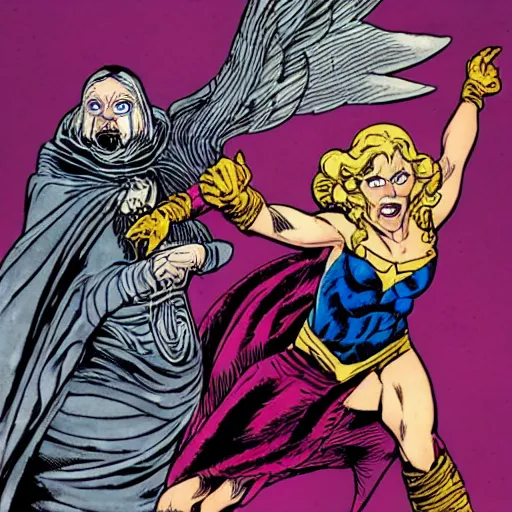 Prompt: a female wizard with wings snarls at her superhero enemy, by todd mcfarlane