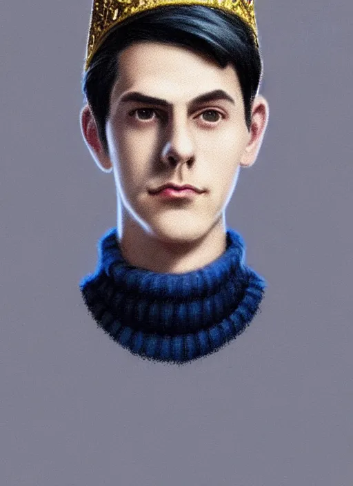 Image similar to portrait of teenage jughead jones wearing a light grey crown, crown, blue turtleneck, 1 9 5 0 s, closed eyes, photorealistic, black hair, glowing lighting, intricate, elegant, glowing lights, highly detailed, digital painting, artstation, concept art, smooth, sharp focus, illustration, art by wlop, mars ravelo and greg rutkowski