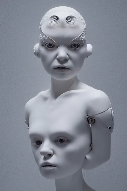 Image similar to full head and shoulders, bjork porcelain sculpture, smooth, delicate facial features, white eyes, white lashes, detailed white, lots of 3 d cyborg elements, prosthetic, anatomical, all white features on a white background, by daniel arsham and james jean