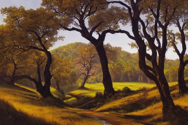 Image similar to masterpiece painting of oak trees on a hillside overlooking a creek, dramatic lighting, by charles santore