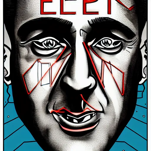 Image similar to digital illustration of secretary of denis mcdonough face, cover art of graphic novel, eyes replaced by glowing lights, glowing eyes, flashing eyes, balls of light for eyes, evil laugh, menacing, villain, clean lines, clean ink