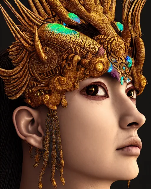 Prompt: 3 d warrior goddess close - up profile portrait. beautiful hyperrealistic intricate highly detailed chuu!! magpie helm and richly embroidered blouse, quetzalcoatl, bioluminescent, angry, gilded, plasma, lava, ice, feather, windy, artwork by tooth wu and wlop and annie leibovitz, octane 3 d render