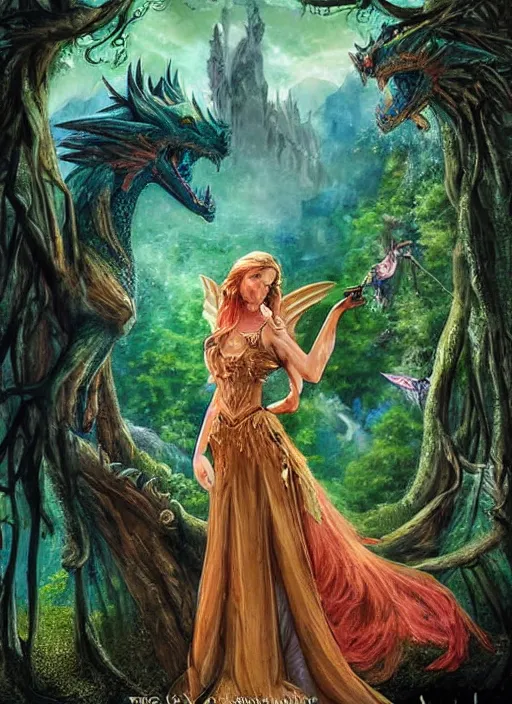 Image similar to movie poster, fantasy, kingdom in the woods, dragons, profile of a beautiful woman, fairies, magical, enchanting, nostalgic, by john alvin,