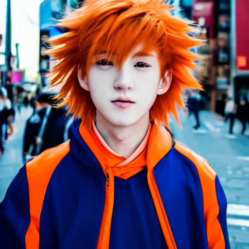 Prompt: orange - haired anime boy, 1 7 - year - old anime boy with wild spiky hair, wearing blue jacket, shibuya street, bright sunshine, strong lighting, strong shadows, vivid hues, sharp details, subsurface scattering, intricate details, hd anime, high - budget anime movie, 2 0 1 9 anime