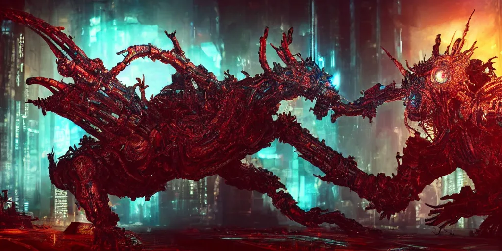 Image similar to a cyberpunk chtulhu creature arguing with another, closeup, fallout 5, studio lighting, deep colors, apocalyptic setting, vertically mirrored city in background