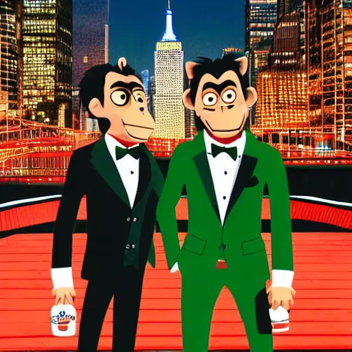 Prompt: two apes dressed in suits posing in front of camera drinking a cocktail on a fancy new york roof top, extreme wide angle cinematic shot, fancy night club lights, red and green, in the style of pixar