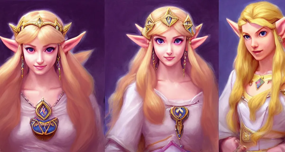 Image similar to portrait of princess zelda from hyrule and princess peach from the mushroom kingdom, nose ring, upper body, blonde hair, long hair, joyful smirk, intricate, elegant, highly detailed, digital painting, artstation, concept art, matte, sharp focus, illustration, art by artgerm and greg rutkowski and alphonse mucha