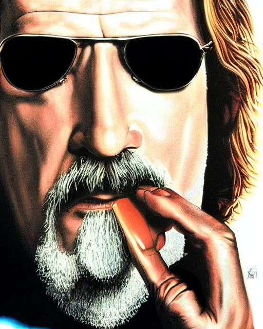 Image similar to the dude in the big lebowski, airbrush, drew struzan illustration art, key art, movie poster