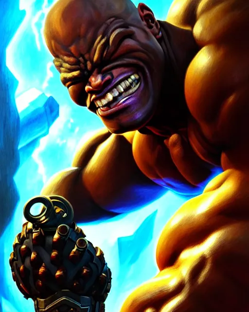 Prompt: doomfist from overwatch, ripped, buff, strong, fantasy, fantasy art, character portrait, portrait, close up, highly detailed, intricate detail, amazing detail, sharp focus, vintage fantasy art, vintage sci - fi art, radiant light, caustics, by boris vallejo