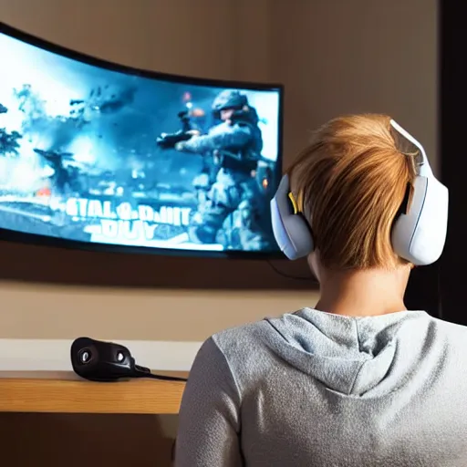 Prompt: view from behind from bed of a cute beautiful blonde woman wearing headset watching dual - monitors displaying call of duty and twitch, intricate detail, cinematic composition