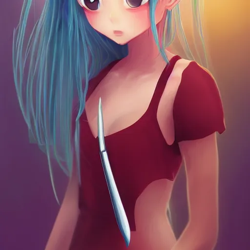 Image similar to portrait of a cute girl holding a knife, anime digital art,