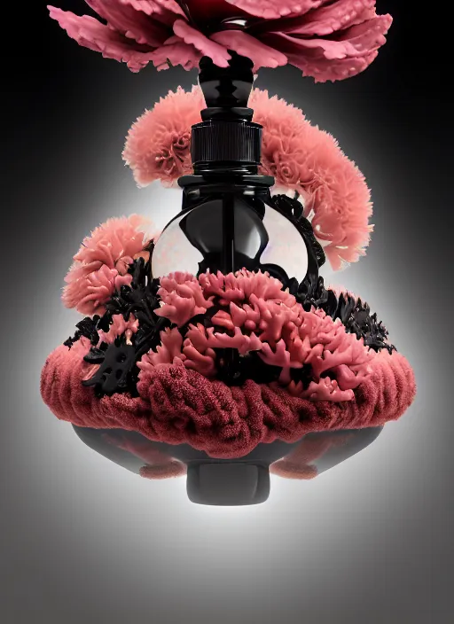 Image similar to perfume bottle standing in a miniature biomechanical black enchanted coral kingdom made of corals, daisies, roses in an ivory room well contoured smooth fair walls, up close shot, sharp focus, global illumination, radiant light, alexandre ferra white mecha, irakli nadar, octane highly render, 4 k, ultra hd,