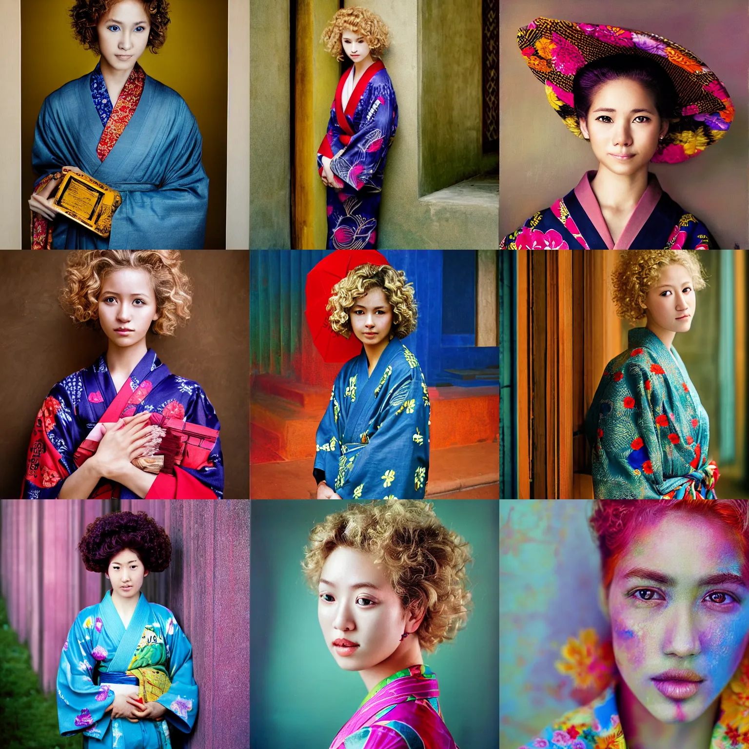 Prompt: stunning, breathtaking, awe - inspiring award - winning portrait painting by steve mccurry of a beautiful young blonde woman with short, curly hair, wearing a colorful yukata