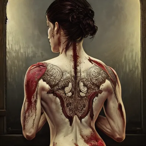 Image similar to portrait painting of a muscular bloodied indian middle aged woman lower back, ultra realistic, concept art, intricate details, eerie, horror, highly detailed, photorealistic, octane render, 8 k, unreal engine. art by artgerm and greg rutkowski and alphonse mucha