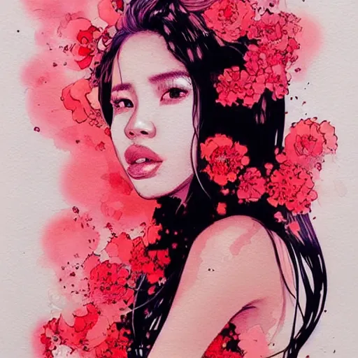 Image similar to candid portrait of very beautiful young filipino woman, surrounded by dramatic swirling smoke and flowers, dark background, by conrad roset, watercolor trending on artstation
