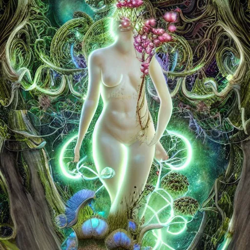 Image similar to glowing delicate flower and mushrooms that grow in a dark fatansy forest on the planet Pandora, an idealistic marble statue with fractal flowery hair in a fractal garden, symmetrical,