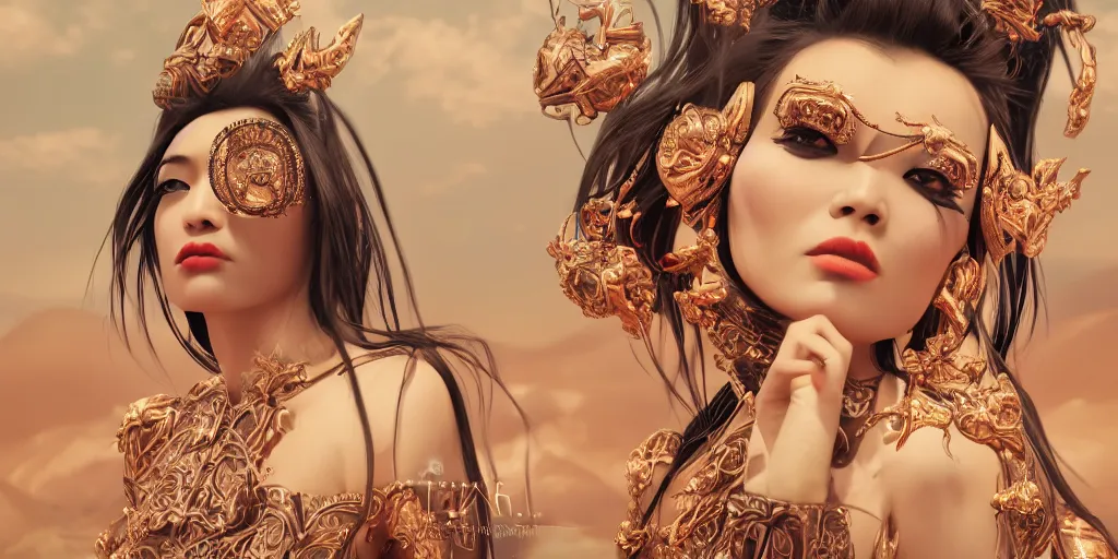 Image similar to giesha demon, innovative avant - garde art, deco fashion, asian women, highly detailed, photorealistic portrait, serene desert setting, crisp quality and light reflections, octane render, taror card with ornate border frame