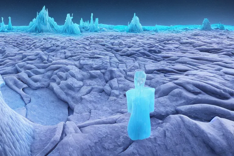 Image similar to a hd render of a surreal frozen landscape, by beeple and salvador dali