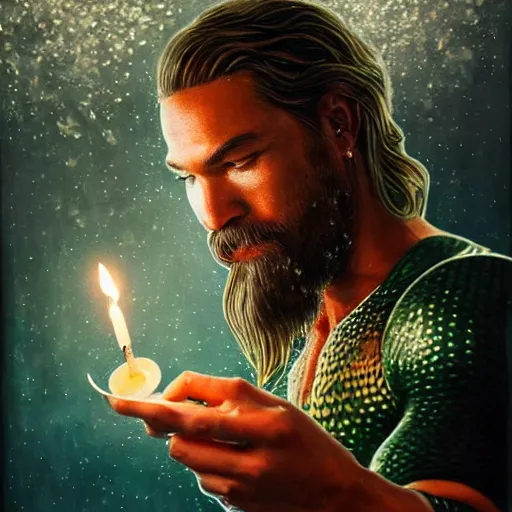 Prompt: intricate five star portrait of aquaman blowing the candle at his birthday, oil on canvas, hdr, high detail, photo realistic, hyperrealism, matte finish, high contrast, 3 d depth, centered, masterpiece, grainy, muted colors, enhanced light effect, enhanced eye detail, artstationhd