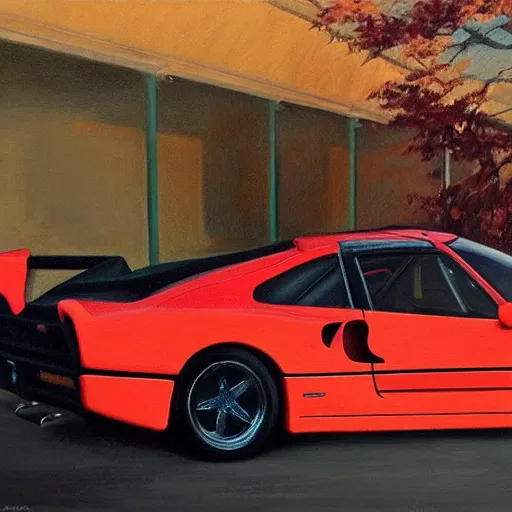 Image similar to ultra realistic portrait painting of a ferrari f 4 0, art by frank frazetta, 4 k, ultra realistic, highly detailed, epic lighting